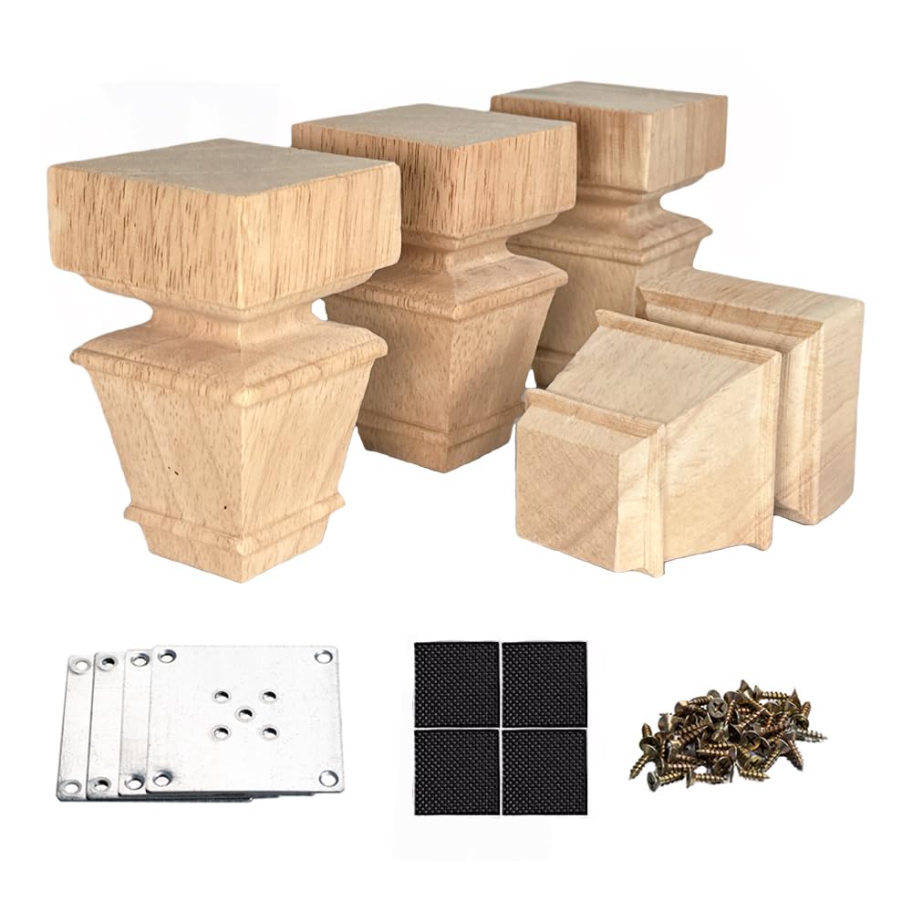 10cm Solid Wood Furniture Legs with Mounting Plates & Screws - Set of 4 Unfinished European Style Replacement Feet for Sofa, Cabinet, Ottoman, TV Stand - Perfect for Home DIY Projects & Furniture Upgrades (4 inch) - Ideal for Living Room, Bedroom & Office Decor
