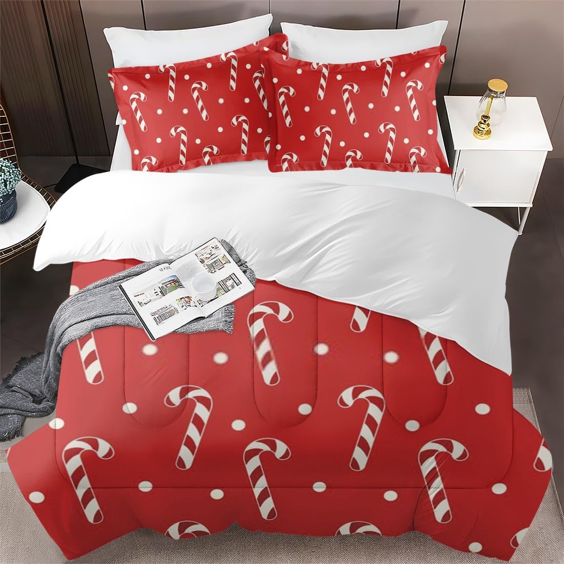 Christmas Red Cream Polka Dot Comforter Set Queen Size - Soft Xmas Candy Bedding Set for Kids & Adults with 2 Pillowcases - Perfect for Holiday Bedroom Decor & Cozy Winter Nights