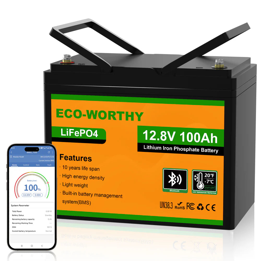ECO WORTHY 12V 100Ah LiFePO4 Deep Cycle Battery with Bluetooth & Low Temp Protection - Perfect for Solar Power, RV, Marine & Off-Grid Applications