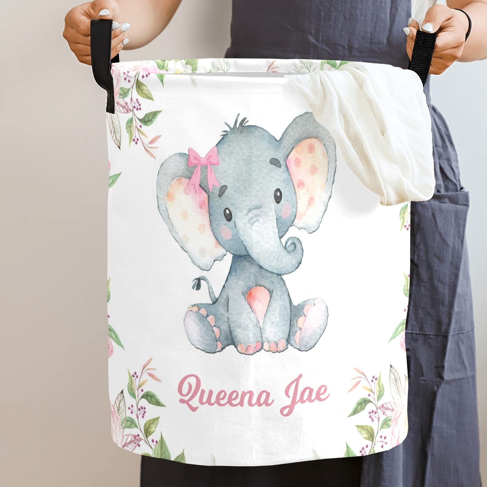 Pink Roses Elephant Storage Bin - Waterproof Oxford Fabric Laundry Hamper, Toy Organizer & Gift Basket for Bedroom, Nursery, Closet - Perfect for Baby Clothes, Toys & Home Decor Organization
