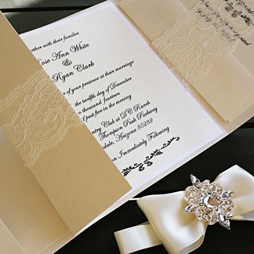 Elegant Lace Wedding Invitations with European Bow - Set of 25 Boho Chic Pocketfold Cards with RSVP Cards | Perfect for Rustic, Vintage & Outdoor Weddings