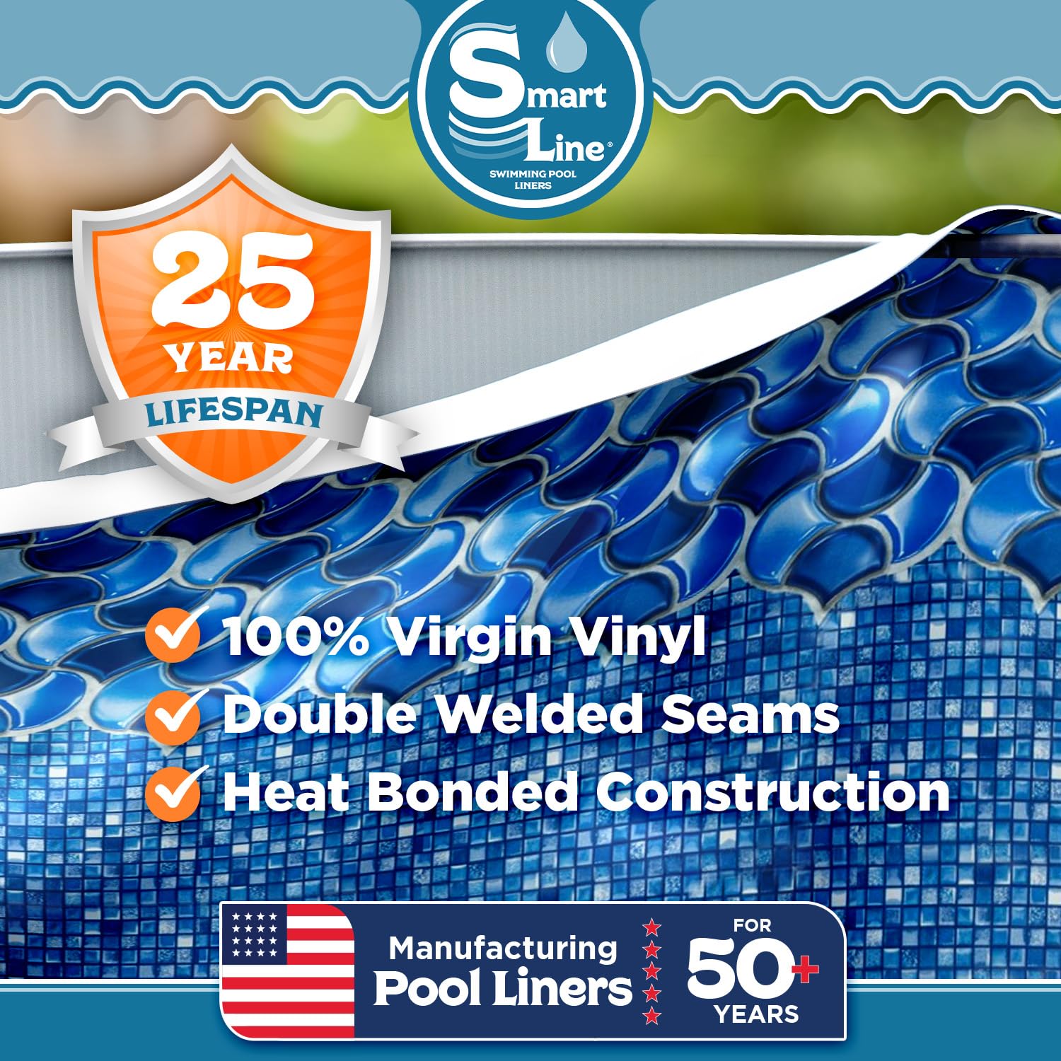 Smartline 12 ft Round Swimming Pool Liner - Waves of Poseidon Design | Overlap Style for Steel Sided Above Ground Pools | 48-52 Inch Wall Height | 25 Gauge Heavy Duty Virgin Vinyl | Perfect for Backyard Summer Fun & Family Pool Parties