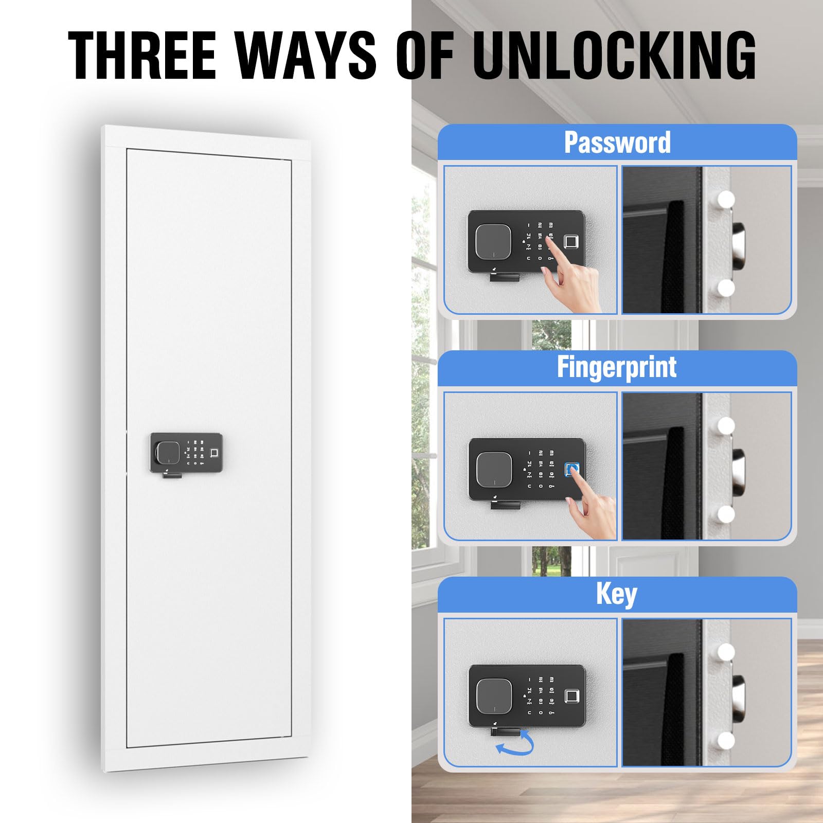 INTERGREAT 53 Inch Large Wall Mount Gun Safe for Rifles & Pistols - Adjustable Rack, 4 Rifle Capacity, 3 Removable Shelves, White - Perfect for Home Security, Hunting Gear Storage & Firearm Protection
