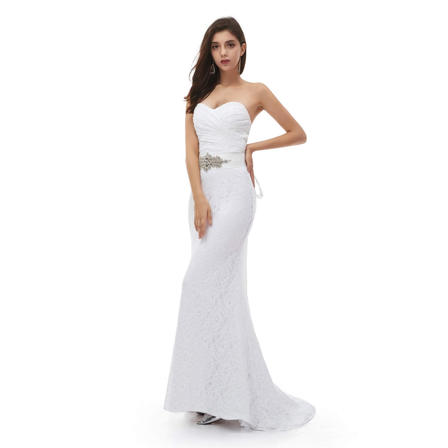 Engerla® Women's Mermaid Sweetheart Lace Rhinestone Long Wedding Dress - Elegant Bridal Gown for Beach, Church & Formal Weddings