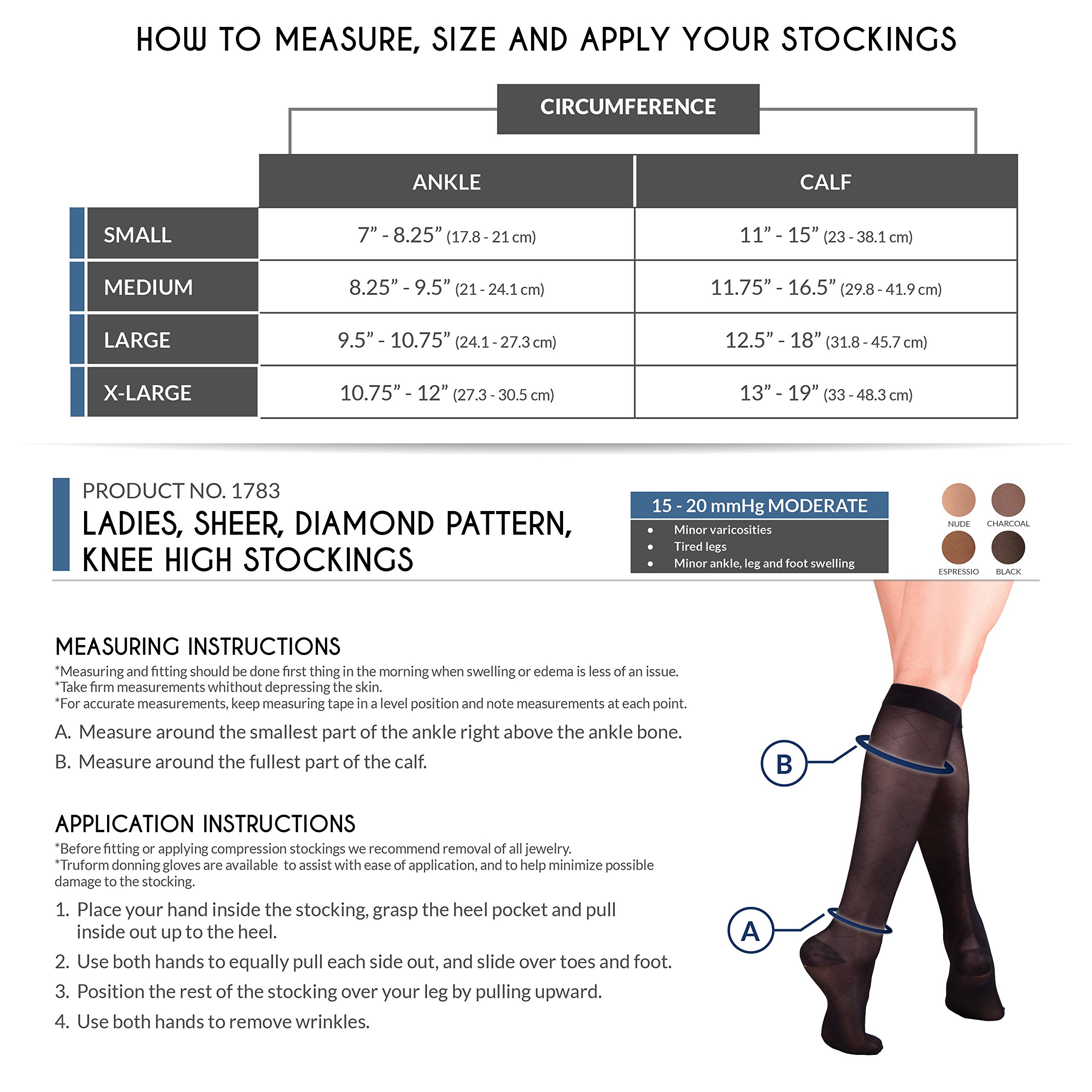 Truform Sheer Compression Stockings 15-20 mmHg for Women - Knee High Support Socks with Diamond Pattern in Black (Large) - Perfect for Travel, Work & Varicose Vein Relief
