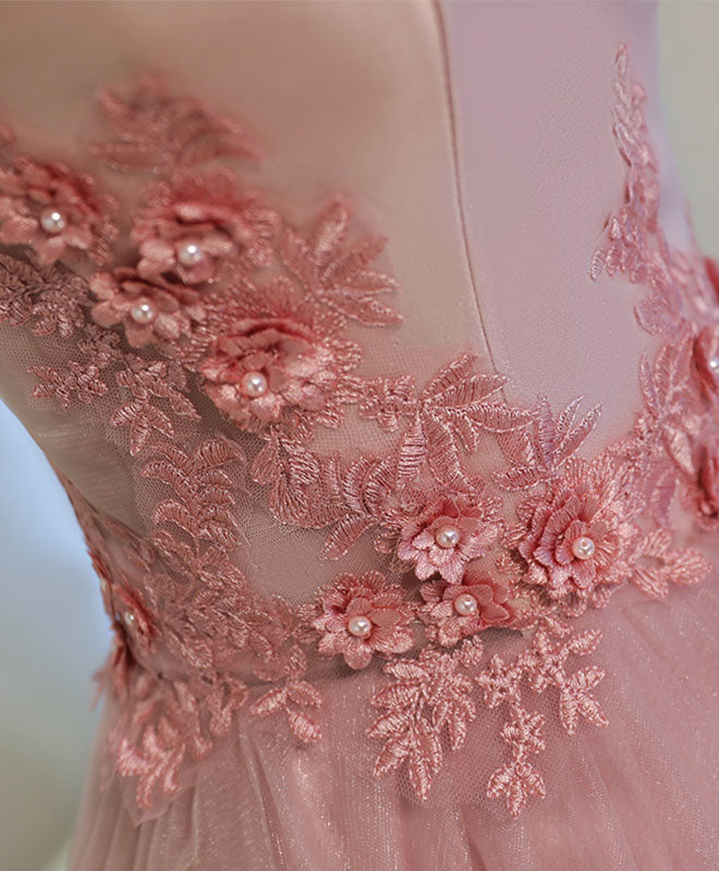 Elegant Pink A-Line Off-Shoulder Tea-Length Prom Dress with Lace Details - Perfect for Homecoming, Formal Dances & Special Occasions