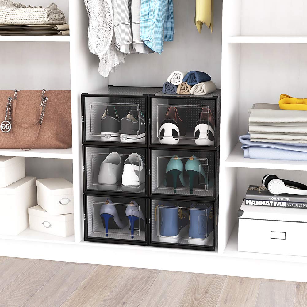 OnDisplay Clik Stackable Interlocking Shoe Box System - Medium Clear/Black Storage Organizer for Closet, Bedroom & Entryway (Single Box)