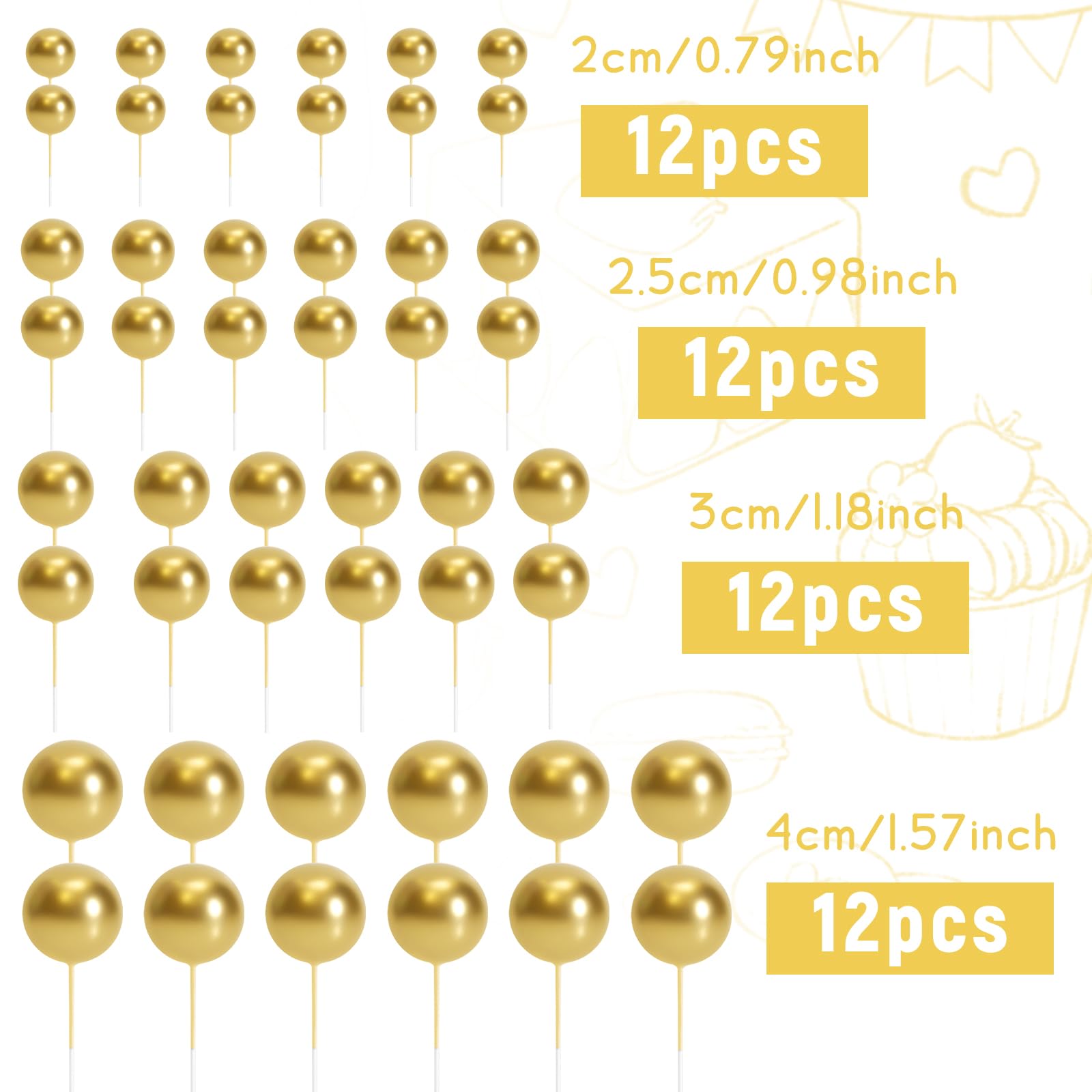 48 Pcs Gold Foam Cake Topper Balls - Elegant Cupcake & Balloon Decorations for Birthday, Wedding, Anniversary Party Cake Decorating | Perfect for Dessert Tables, Baby Showers, Bridal Showers & Special Celebrations