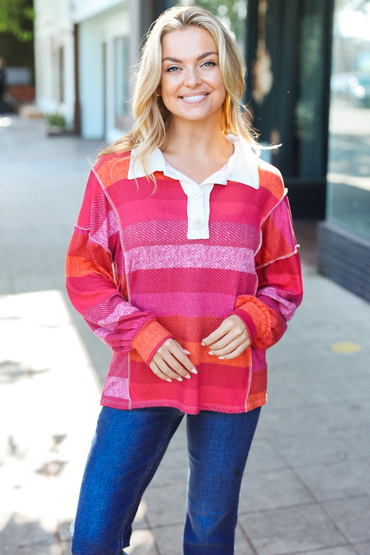 Bold Magenta Striped Button-Down Shirt with Placket Collar - Stylish Casual Wear for Work, Outings & Date Nights