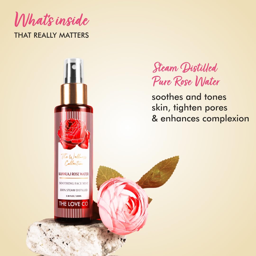 THE LOVE CO. 100% Pure Natural Rose Water - Steam Distilled Face Toner & Hair Mist | Authentic Kannauj Gulab Jal | Soothing Skin Care Spray - Paraben & Alcohol Free | For Hydrating Dry Skin, Refreshing Makeup Setting & Aromatherapy