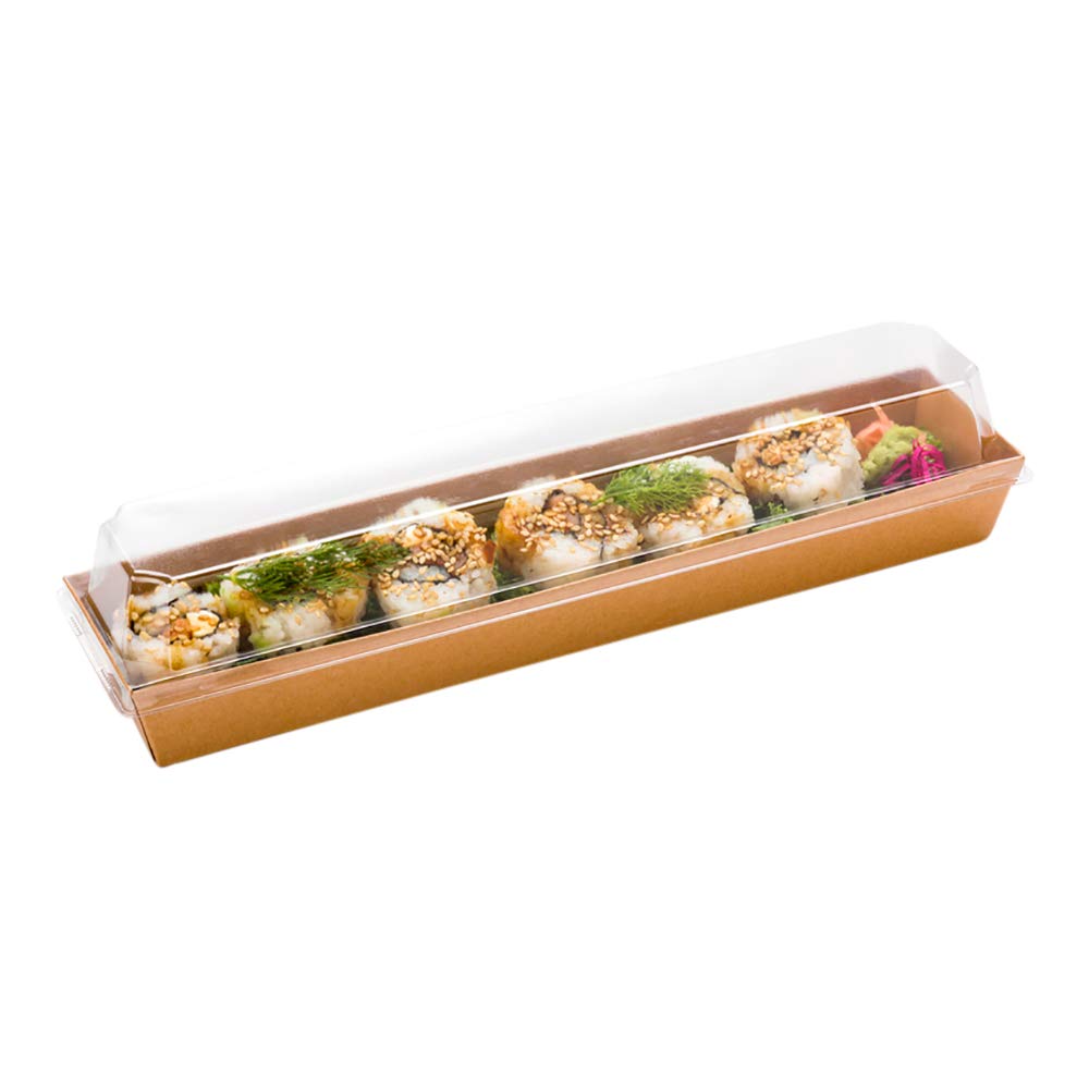 Matsuri Vision 11.8 x 3.4 x 1.6 Inch Clear Plastic Lids for Large Tetra Containers - 100 Pack Airtight Raised Design Sushi Box Lids (Containers Sold Separately) - Perfect for Food Storage, Catering, Takeout & Restaurant Use