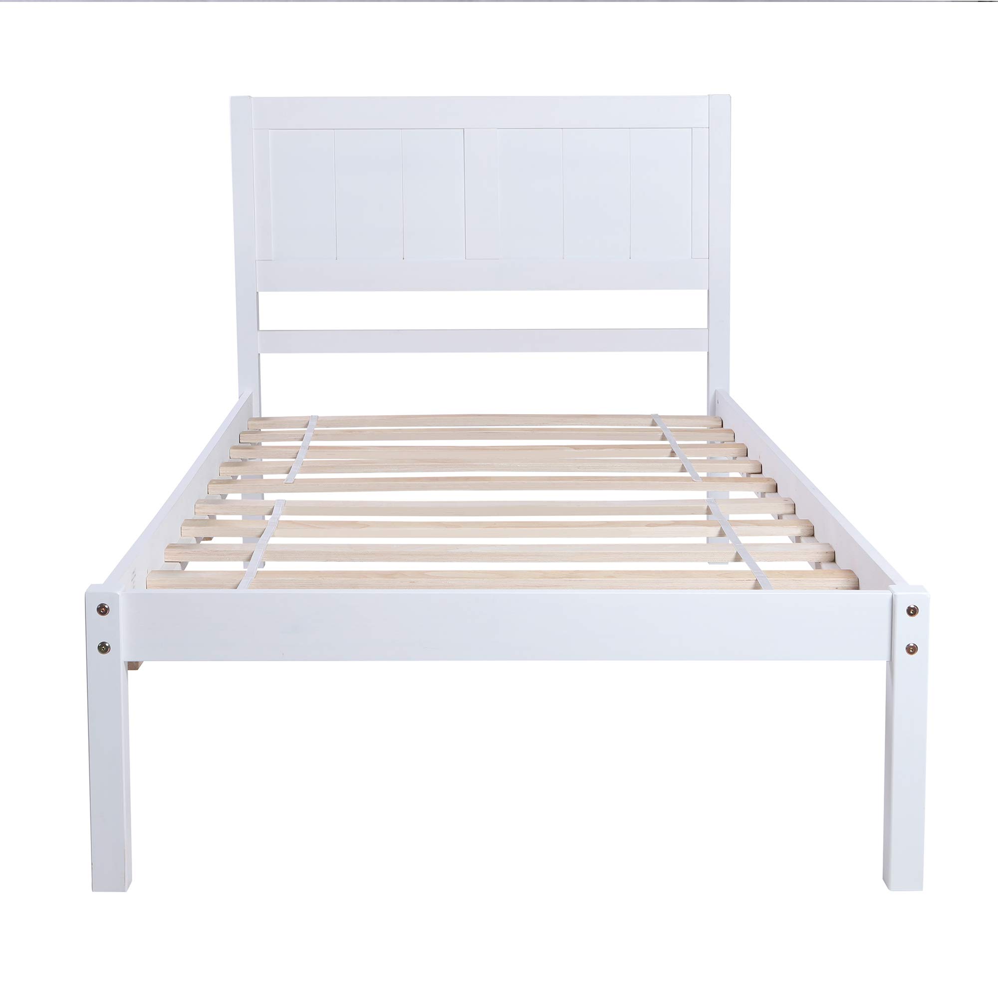 Rhomtree Solid Wood Twin Bed Frame with Headboard - No Box Spring Needed, White Platform Bed for Kids | Perfect for Small Bedrooms, Guest Rooms & Dormitories