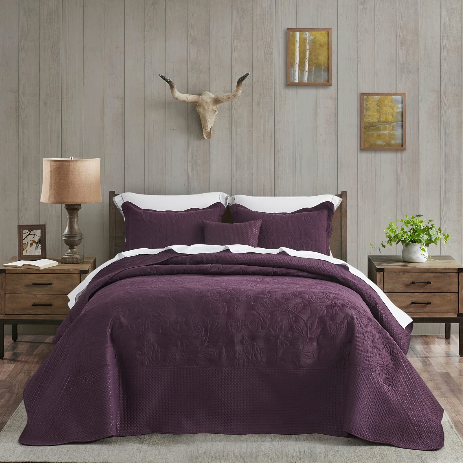 CHIXIN Oversized King Size Bedspread Coverlet Set - Lightweight Quilted Bedding Cover - 4 Piece Reversible Ultrasonic Quilting - Vintage Rose Pattern (King, Eggplant Purple) - Perfect for Master Bedroom, Guest Room & Cozy Home Decor
