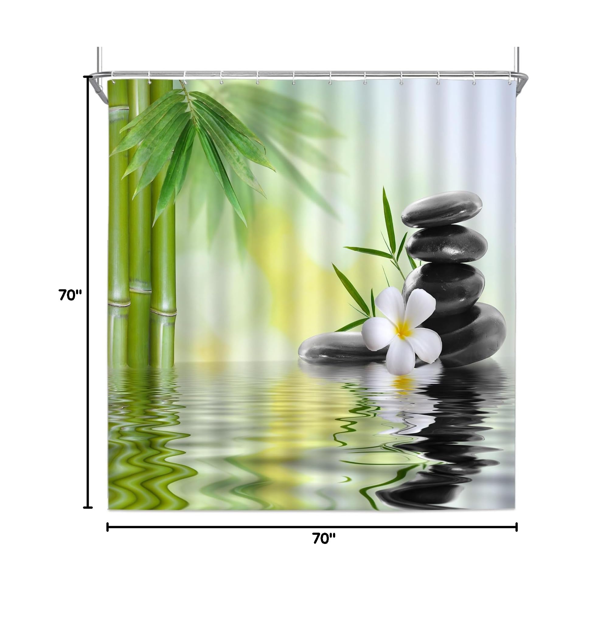 Zen Garden Shower Curtain Set - Spa Green Bamboo & Black Stone Design with White Flowers | 70x70 Inch Machine Washable Polyester Fabric with Hooks | Perfect for Bathroom Decor, Relaxing Spa Atmosphere & Asian-Inspired Home Décor
