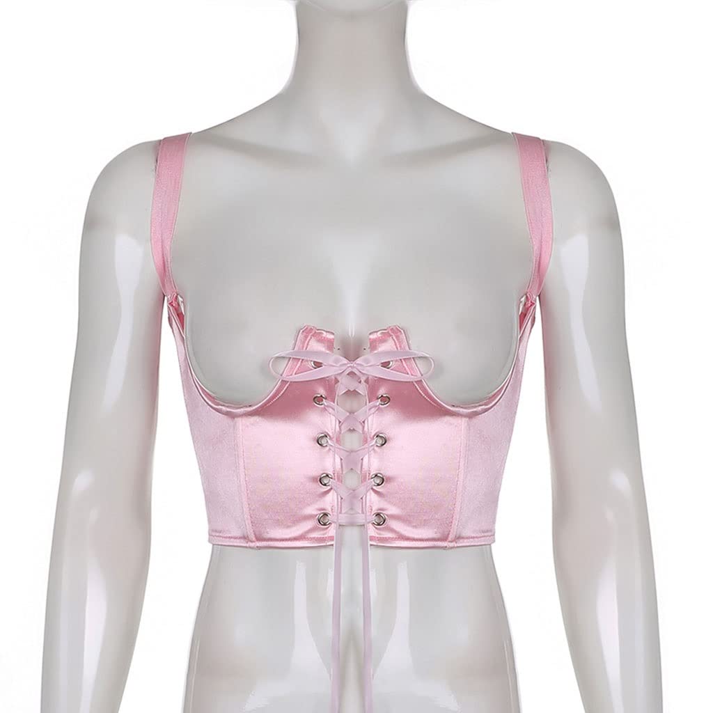 Pink Satin Corset Top for Women - Lace Up Bustier Cropped Tank Top (Size L) | Perfect for Date Night, Club Wear & Boudoir Photography