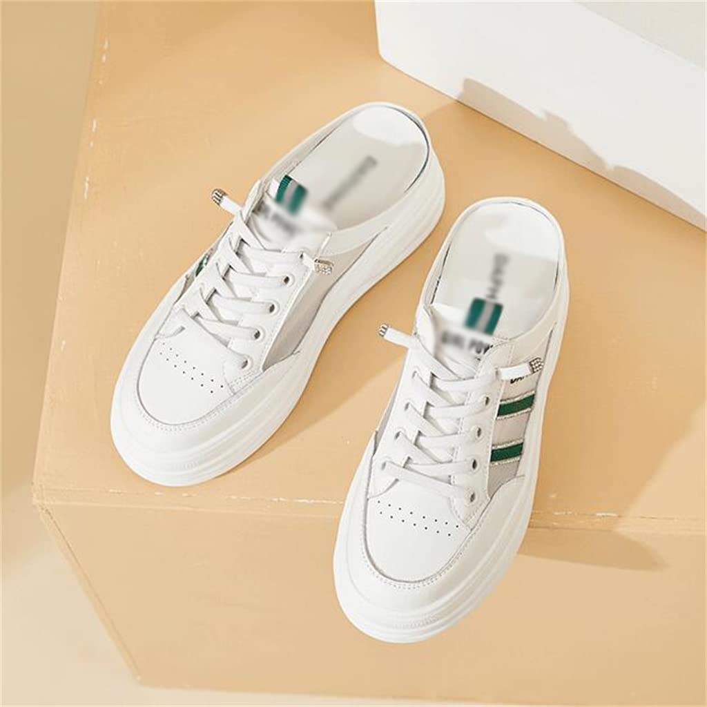 Women's THICK Baotou Half Slippers - Breathable Mesh Slip-On White Shoes with Lace-Up Design | Comfortable Canvas Shoes for Home, Office & Casual Wear (Color: A, Size: 36)