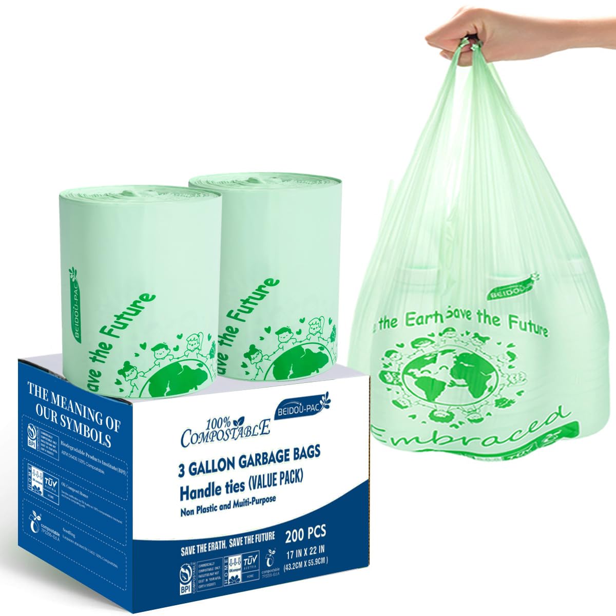 Eco-Friendly 3 Gallon Compostable Trash Bags with Handles - 200 Count Biodegradable Kitchen Waste Bags for Food Scraps & Organic Waste | ASTM D6400 & BPI Certified | Perfect for Home Composting, Kitchen Waste Disposal & Sustainable Living