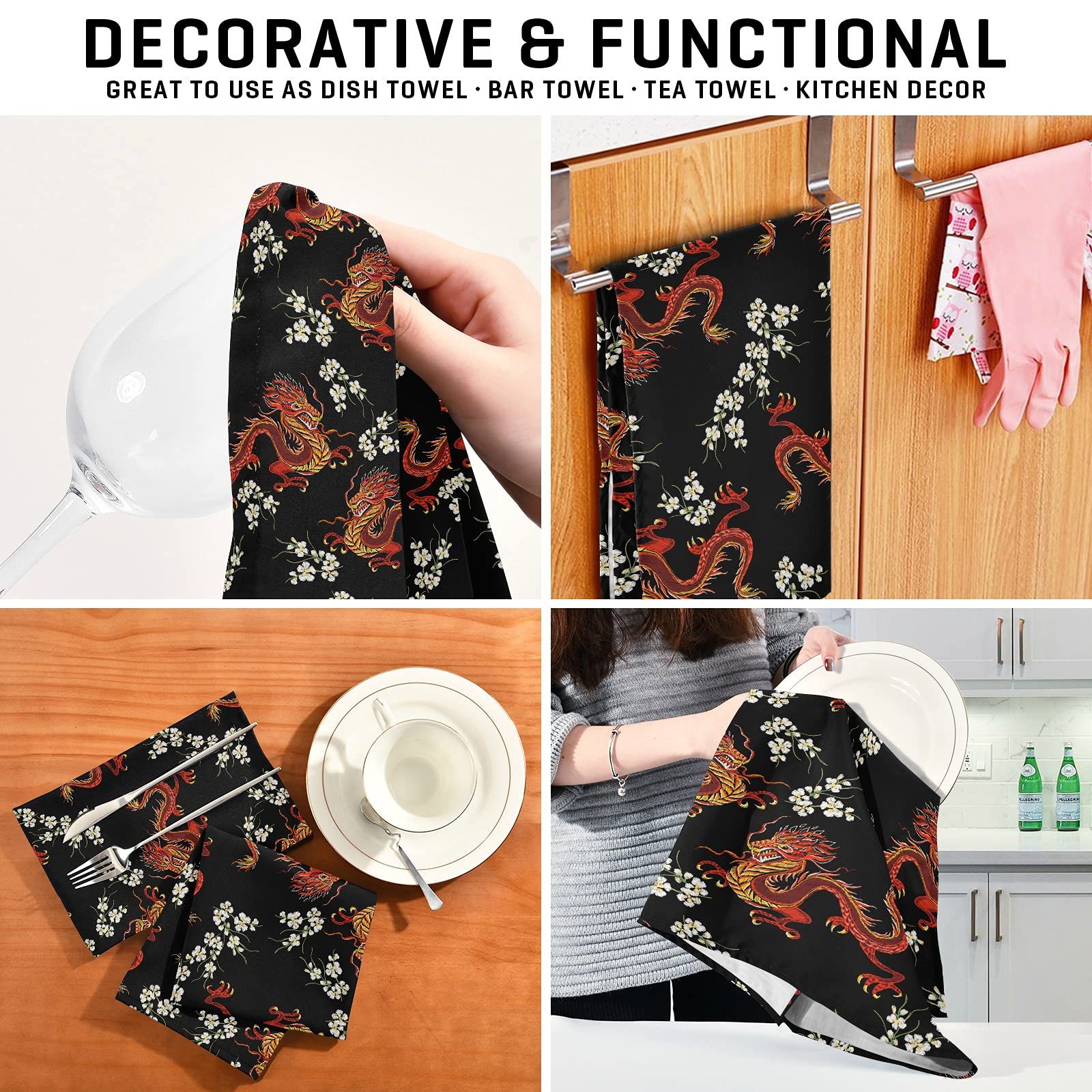 ALAZA Japanese Dragon Floral Kitchen Towels Set of 4 - Super Absorbent Soft Dish Cloths (18x28 Inches) for Dish Drying, Bar Cleaning & Tea Towel Use