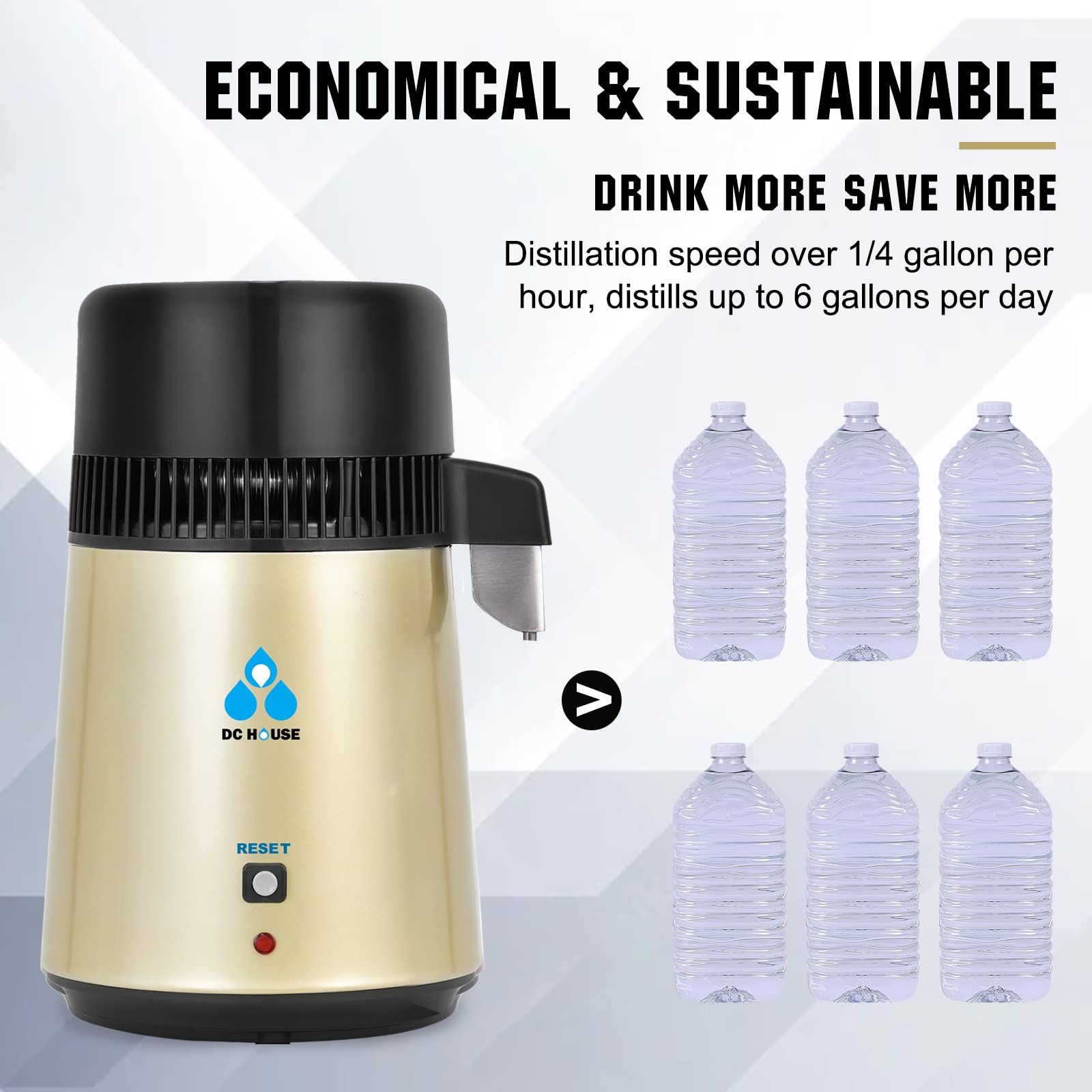 DC HOUSE 1 Gallon Water Distiller Machine - 304 Stainless Steel 4L Countertop Distiller with Glass Container, 750W for Pure Drinking Water - Perfect for Home, Office, and Emergency Preparedness