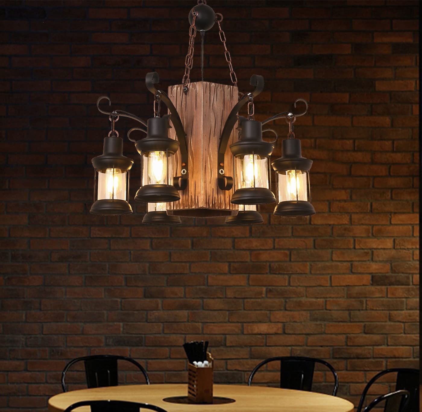 TFCFL 6-Lights Industrial Rustic Wooden Chandelier - Farmhouse Metal Pendant Light with E26 Base - 23