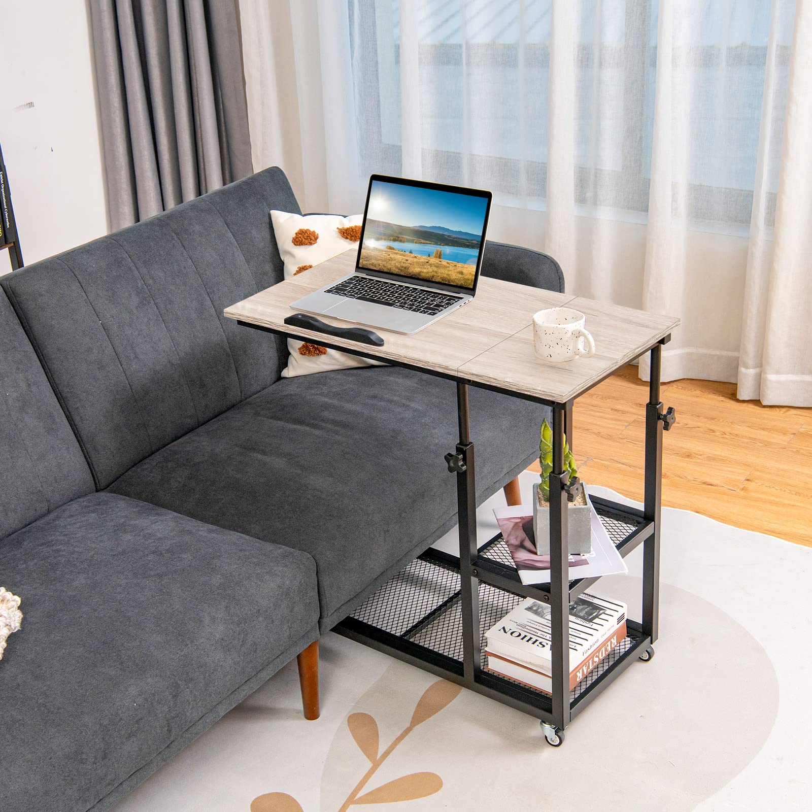 Tangkula Adjustable Height C-Shaped End Table with Lockable Wheels - Mobile Sofa Desk, Tiltable Tabletop, Storage Shelves - Perfect for Living Room, Bedside, Office & Snack Table