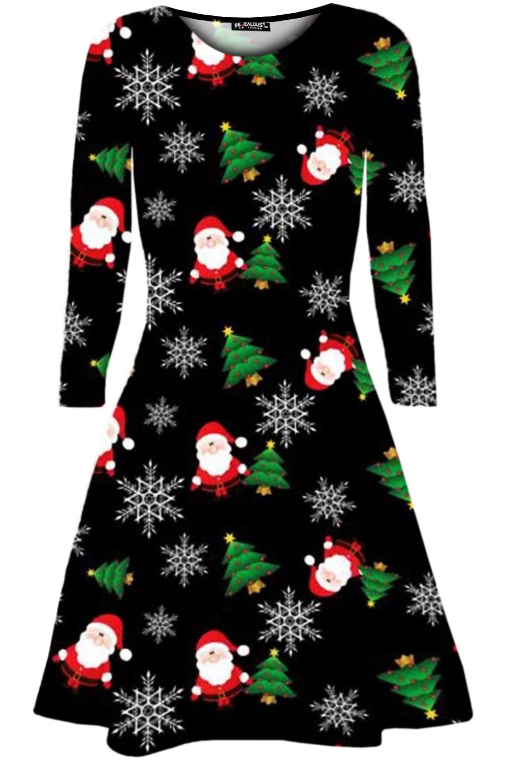 Fashion Star Women's Baby Reindeer Christmas Tree Swing Mini Dress - Holiday Party Outfit for Xmas, New Year & Winter Celebrations