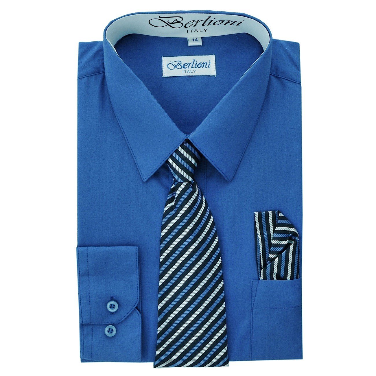 Royal Blue Boys Formal Dress Shirt with Button Down Collar - Elegant Kids Suit Shirt, Necktie & Pocket Hanky Set for Weddings, Parties & Special Occasions