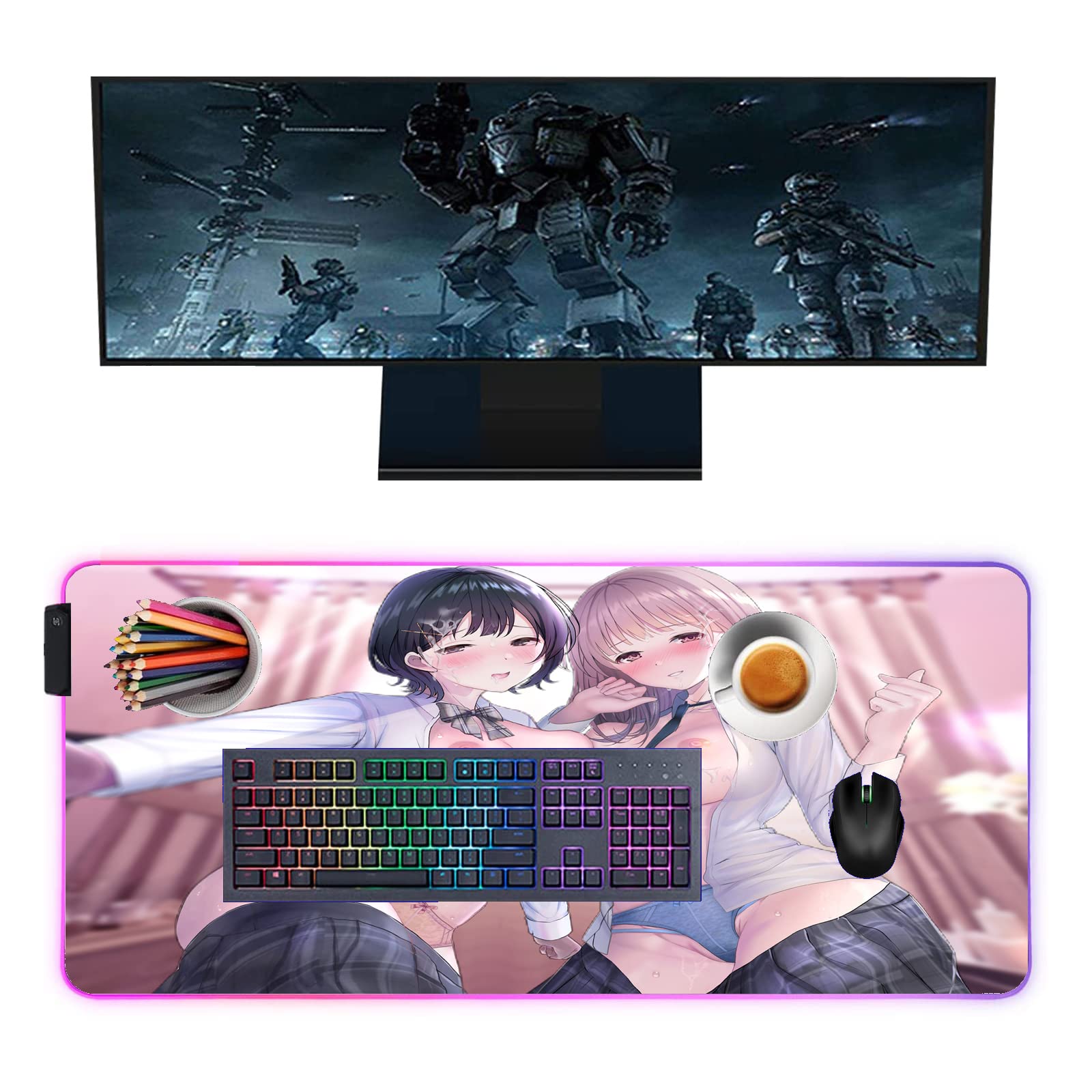 Sexy Anime Girl RGB LED Gaming Mouse Pad - 27.55 x 12 Inch Large Desk Mat for PC, Keyboard & Laptop - Perfect for Gamers, Office & Home Computer Setup