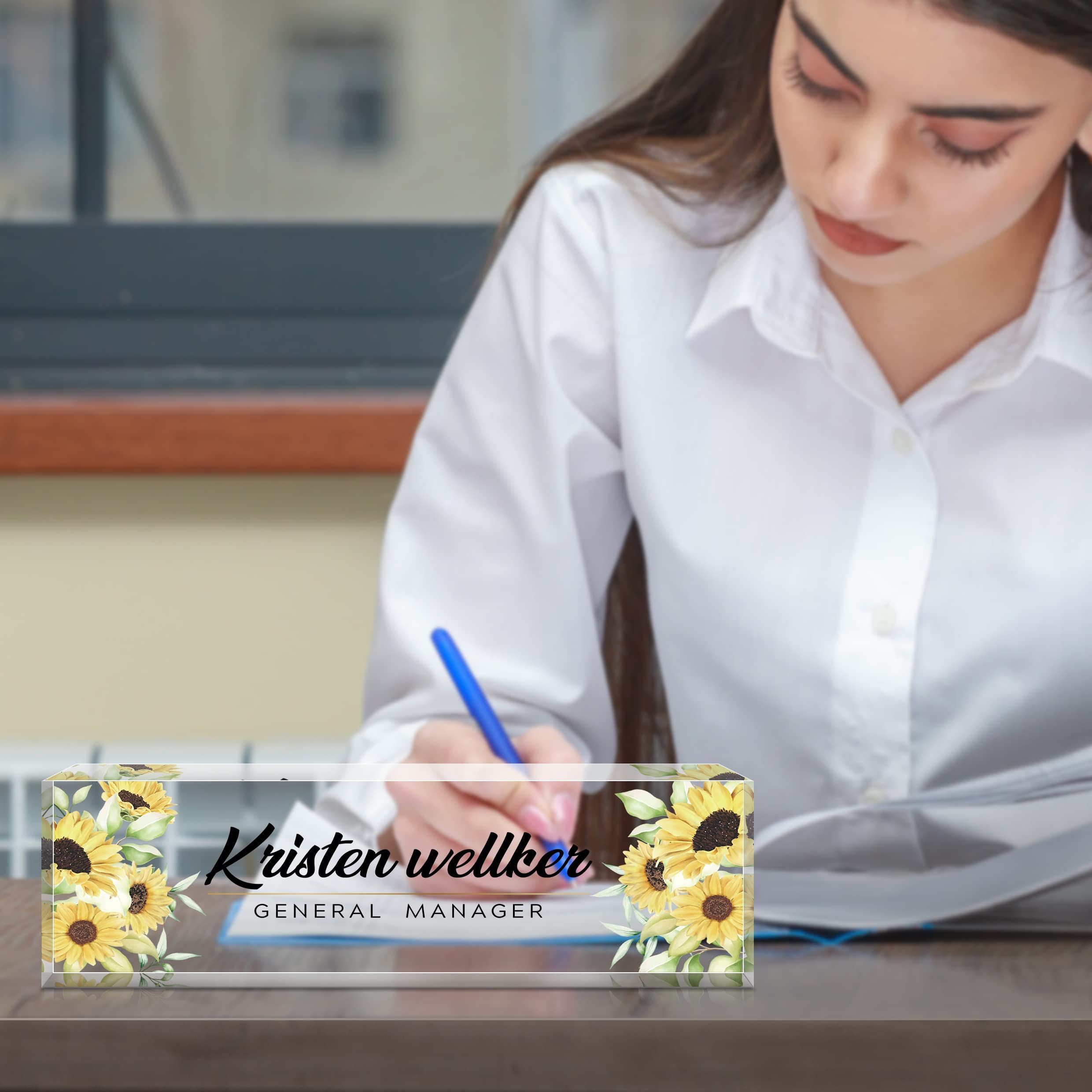 Custom Acrylic Name Plate for Desk - Personalized Office Name Sign for Coworkers, Boss, Employees & Teacher - Elegant Sunflower Design - Perfect for Office Decor, Desk Organization & Professional Gifts