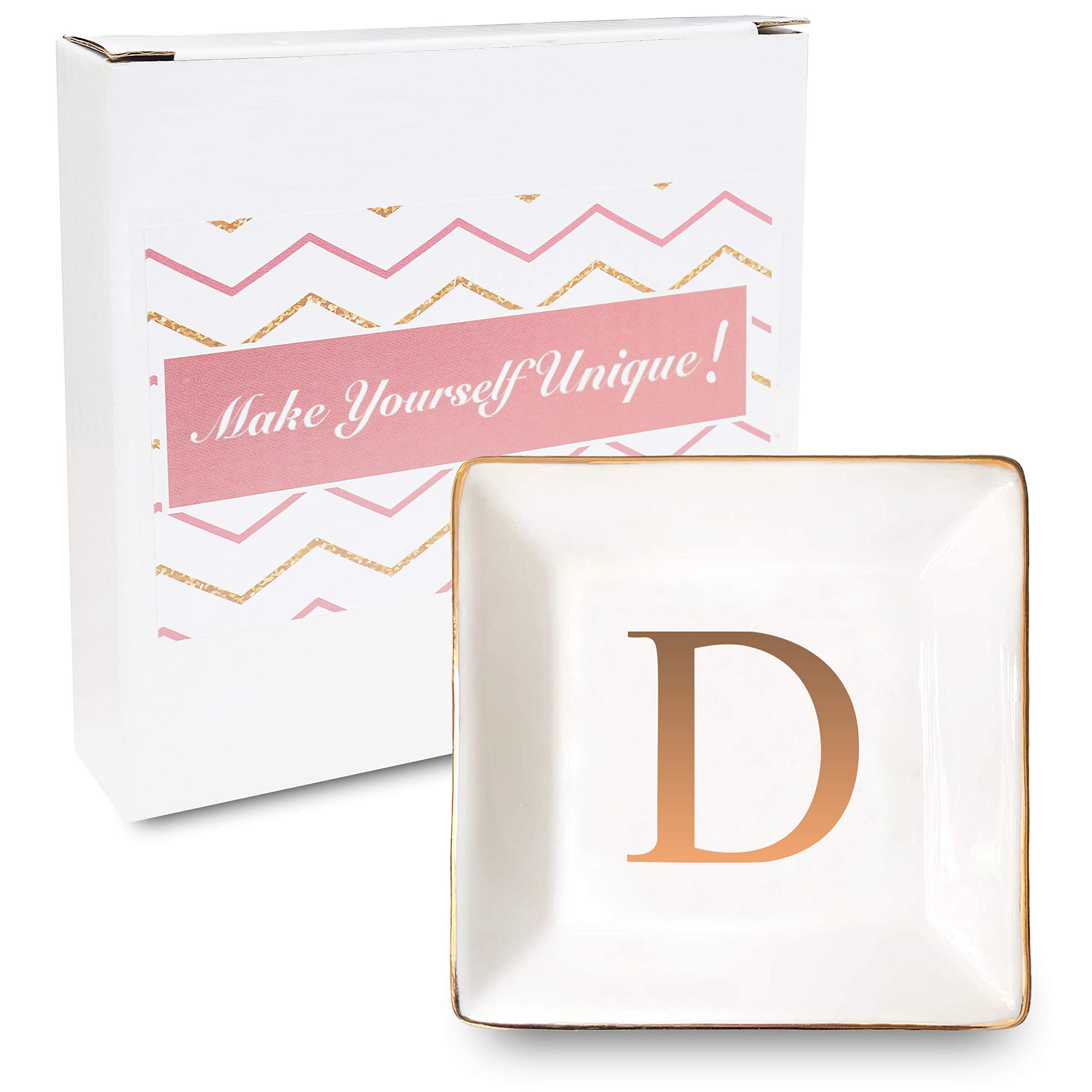 Personalized Ceramic Jewelry Tray with Gold Initials - Elegant Ring Dish, Trinket Bowl & Key Holder - Perfect Wedding, Engagement Gift & Home Decor for Dresser, Vanity or Nightstand Organization
