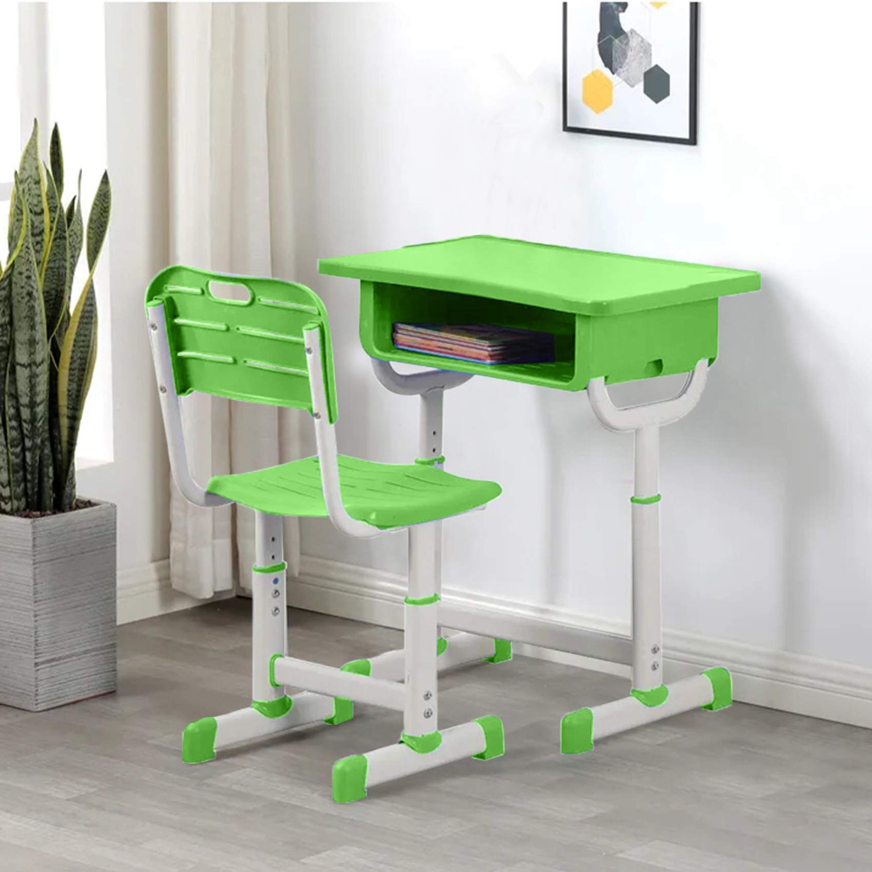 AMZFDC Adjustable Height Kids Desk and Chair Set - Ergonomic Study & Art Table for Children, Sturdy School Desk for Writing & Drawing (Green) - Perfect for Homework, Online Learning & Creative Activities