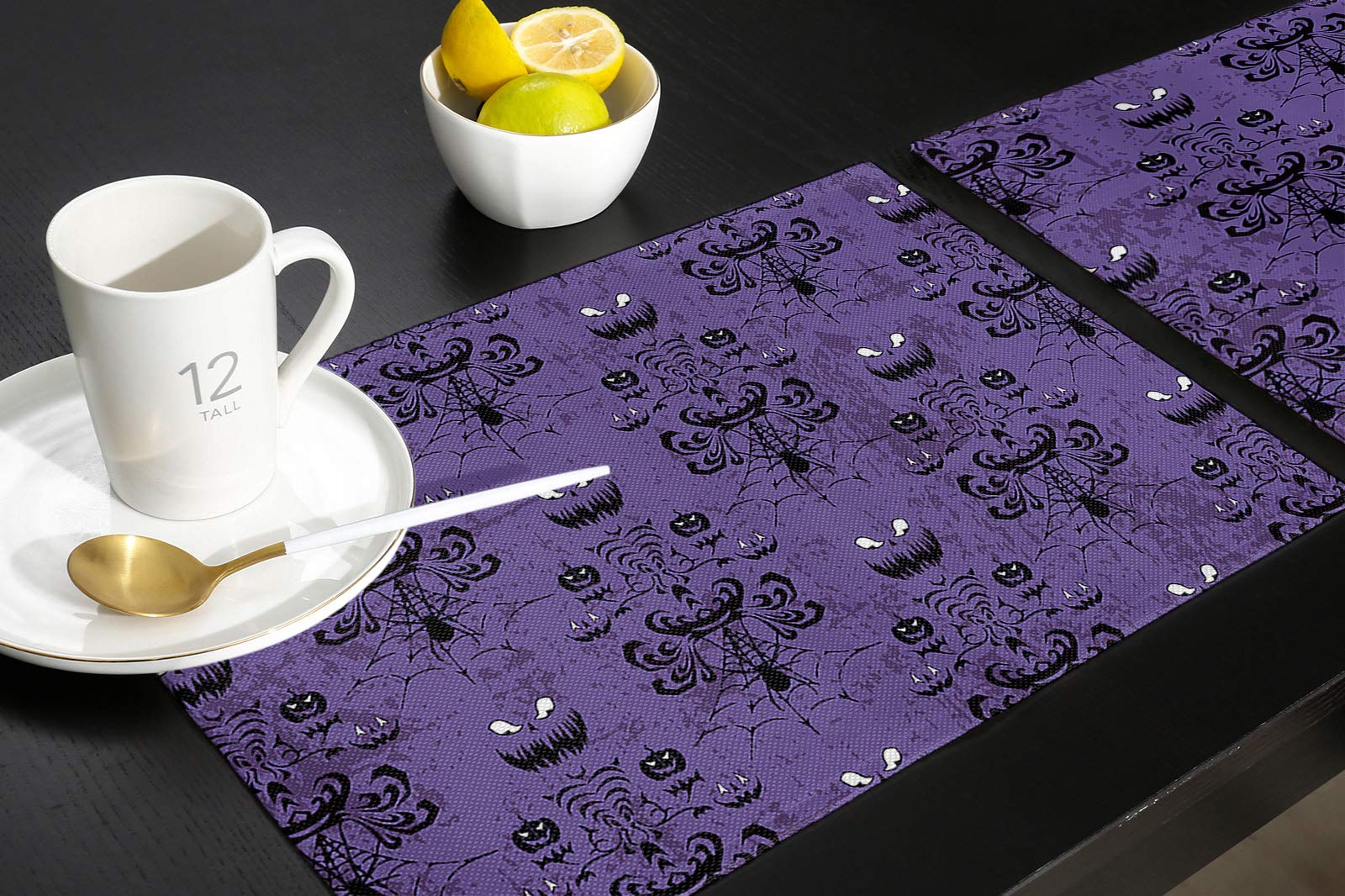 Halloween Placemats Set of 6 - Waterproof Cloth Table Mats for Dining, Cotton Linen Fabric Placemats in Purple - Haunted House Ghost & Spiderweb Design - Perfect for Scary Movie Nights, Halloween Parties & Spooky Dinner Decor