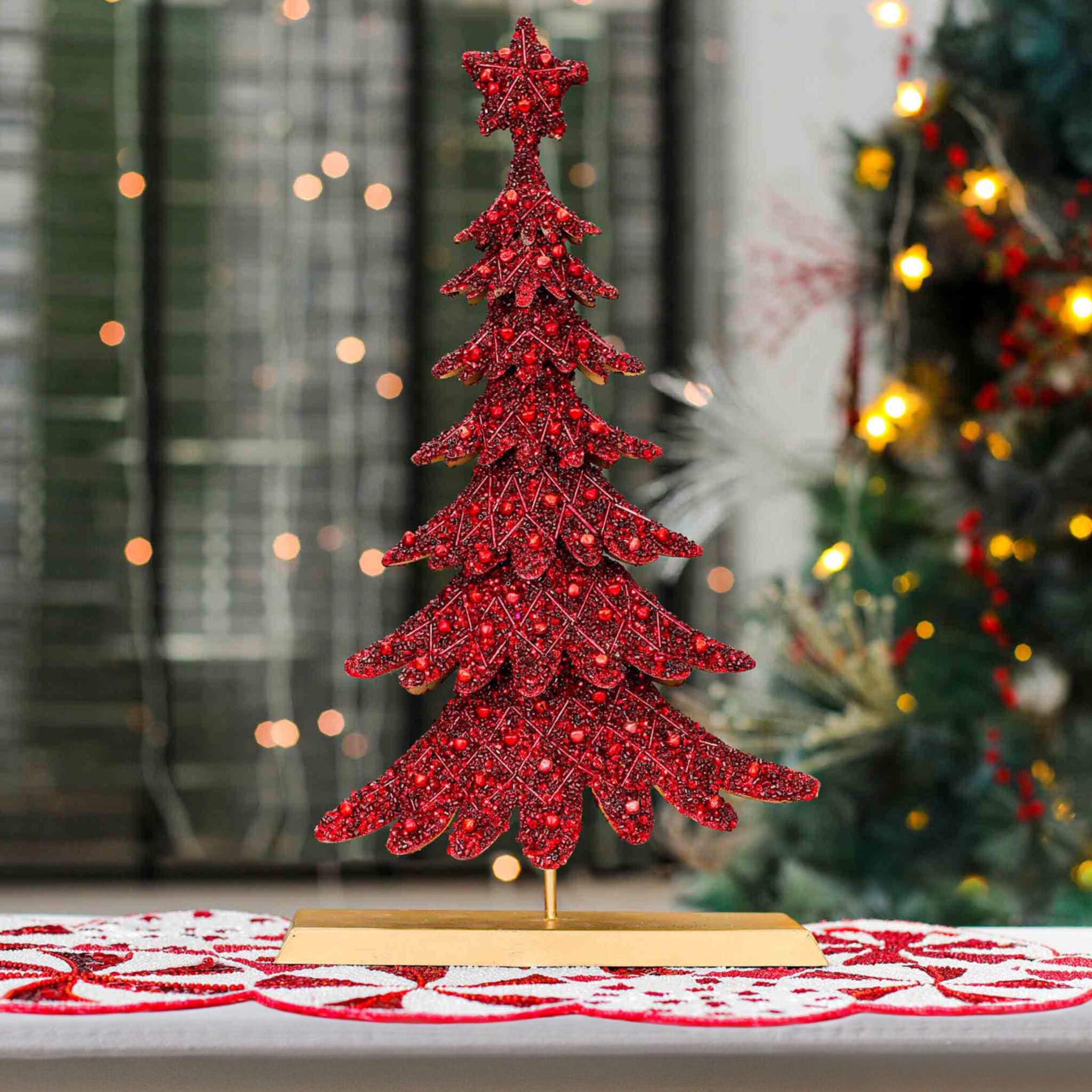 Handmade Beaded Christmas Tree Table Décor with Gold Metal Stand - Elegant Pink Dickens Holiday Tablescape for Mantel, Dining Table, and Festive Home Decor