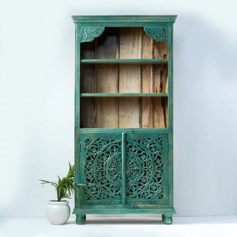 Hand Carved Green Bookcase - 3-Shelf Open Display Cabinet with 2 Doors - Perfect for Living Room, Office & Library Storage