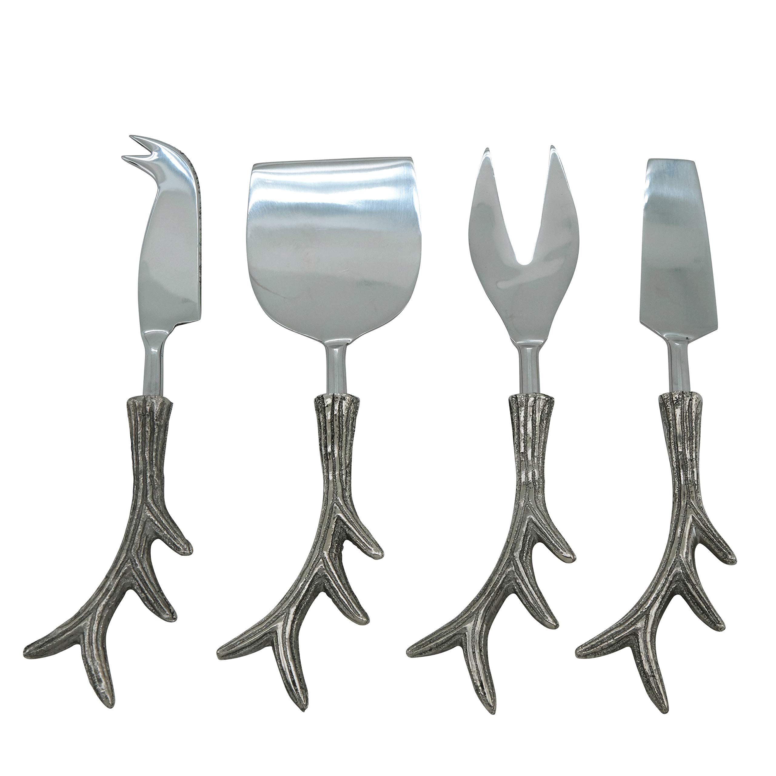 Premium Silver Antler Cheese Knife Set of 4 - Stainless Steel & Aluminum Cheese Serving Utensils - Perfect for Charcuterie Boards, Wine Parties & Gourmet Cheese Platters (Cheese Board Not Included)