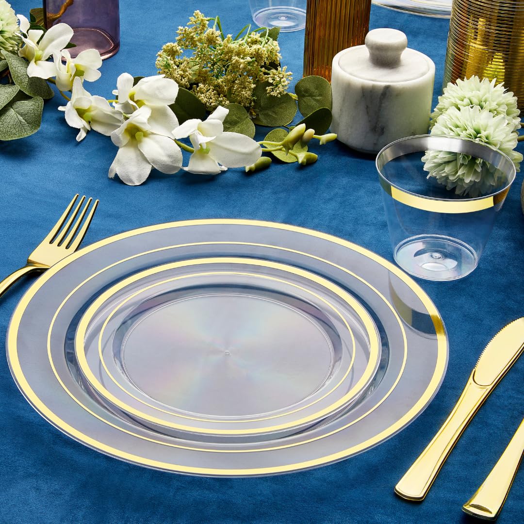 R-kay 100 Pack 10 Inch Clear Gold Plastic Plates - Heavy Duty Disposable Plates for Weddings, Parties, Events & Catering - Elegant & Durable Dinnerware for Special Occasions