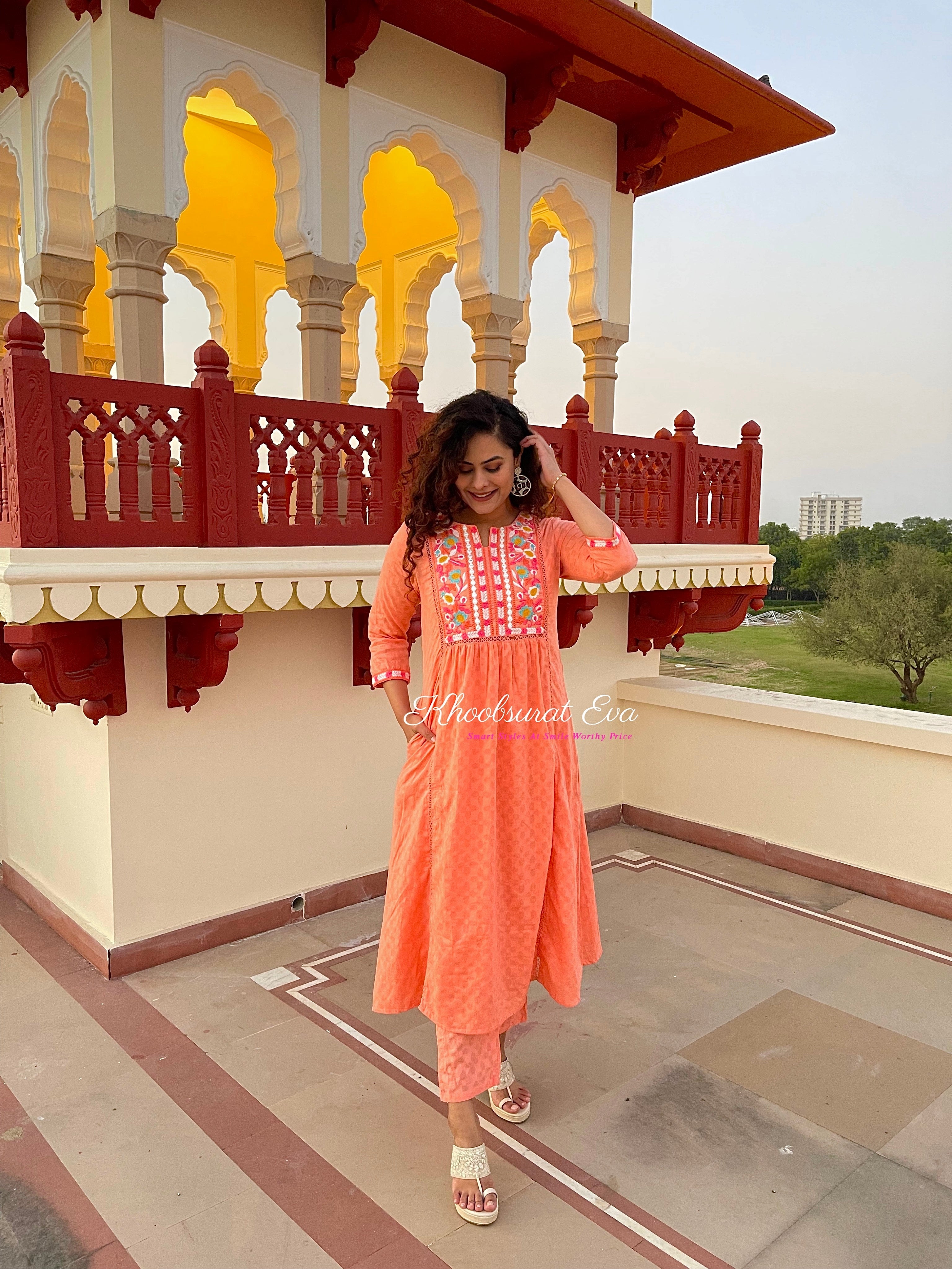PEACH EMBROIDERED COTTON COORD SET - Women's Summer Outfit for Casual Wear, Beach & Vacation | 2-Piece Matching Set with Floral Design