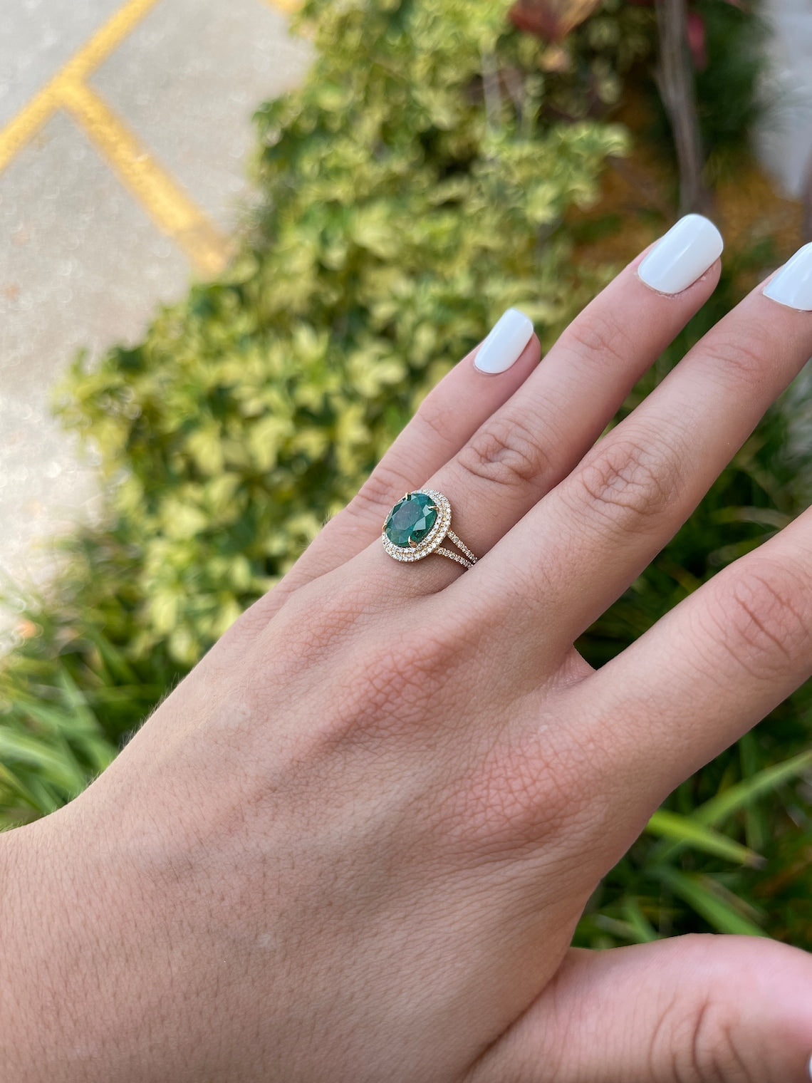 4.20tcw 14K Yellow Gold Oval Natural Deep Green Emerald & Diamond Double Halo Ring for Engagement, Anniversary, or Special Occasion Gift