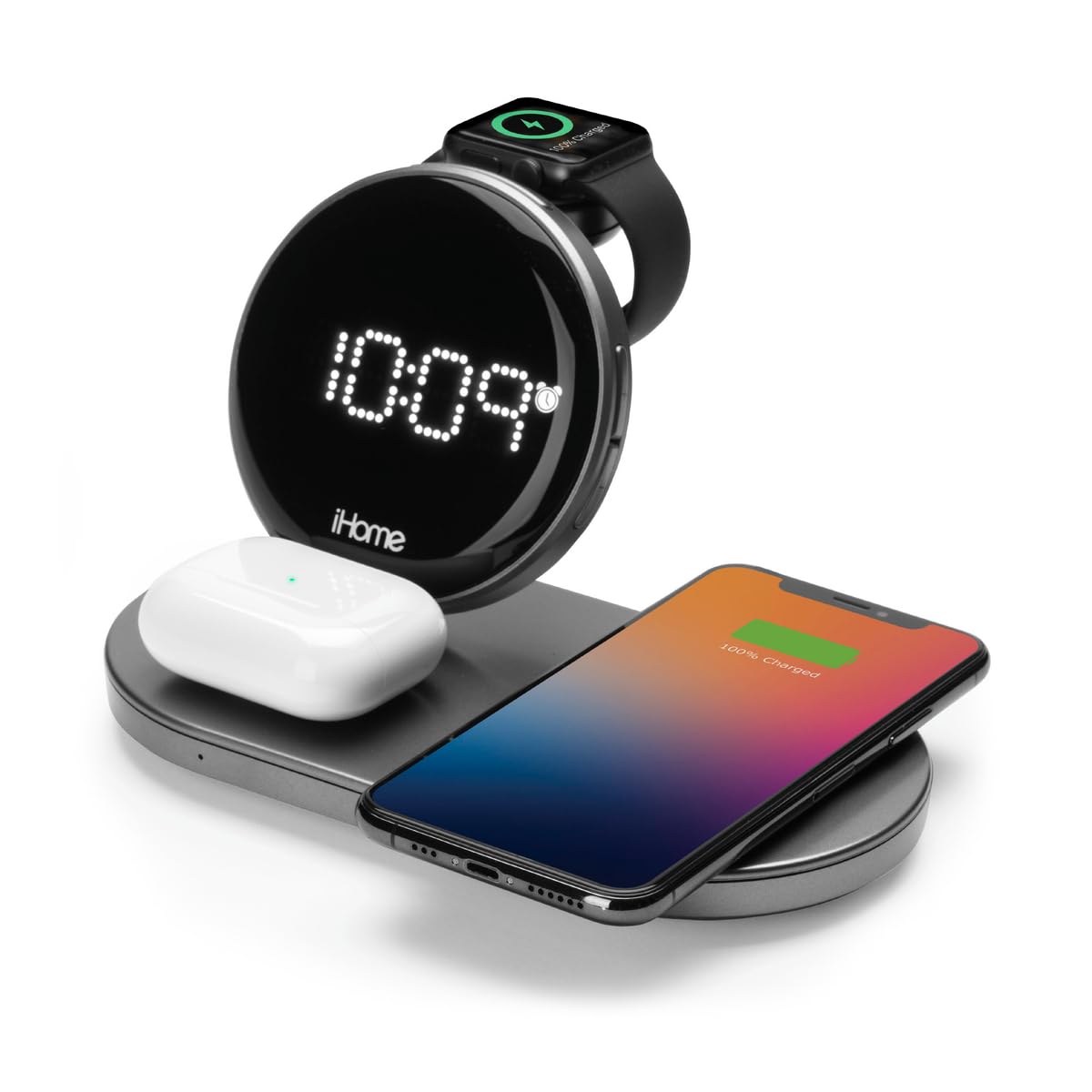 iHome POWERVALET Quad 4-in-1 Dual Qi Wireless Fast Charger for iPhone, AirPods, Apple Watch - 30W USB Charging Alarm Clock with Nightstand Mode | Perfect for Bedroom, Office & Travel (iWW33)
