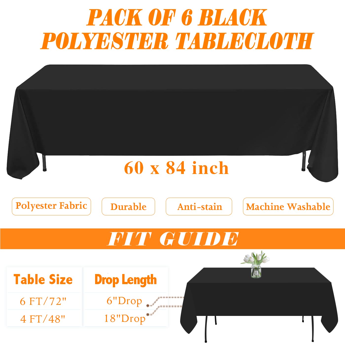 WIGENIUS 6 Pack Black Rectangle Tablecloths 60x84 Inch - Premium Polyester Fabric for 4 Foot Tables - Wrinkle Resistant & Washable - Perfect for Parties, Weddings, Banquets & Home Dining Decor