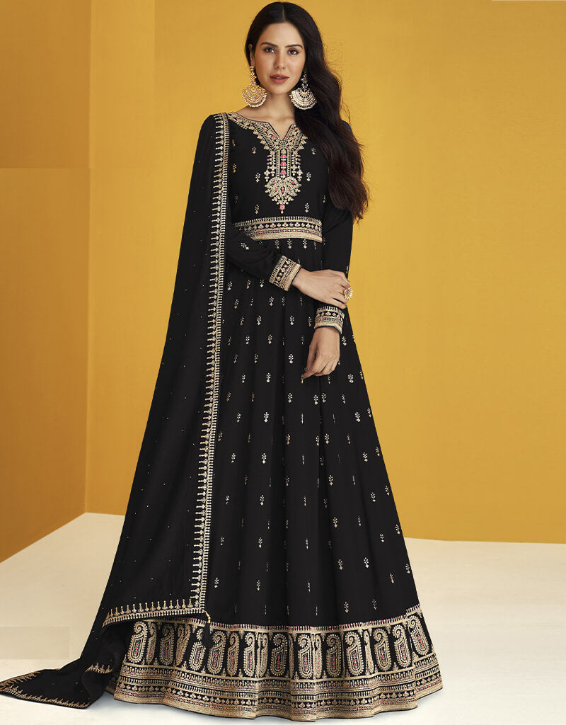 Elegant Black Fox Georgette Anarkali Salwar Suit for Women - Traditional Indian Party Wear for Weddings & Festivals