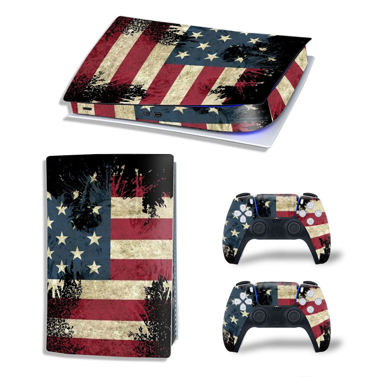 USA Flag Vinyl Skin Sticker Decal Cover for PS5 Digital Edition - Protective Wrap for PS5 Console & Controllers | Gaming Accessories for Patriotic Gamers & Home Entertainment Setup
