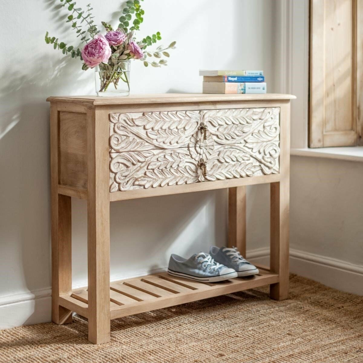 Floral Carved Solid Wood 2-Drawer Hallway Console Table - Elegant Entryway Furniture for Living Room, Bedroom & Foyer Decor