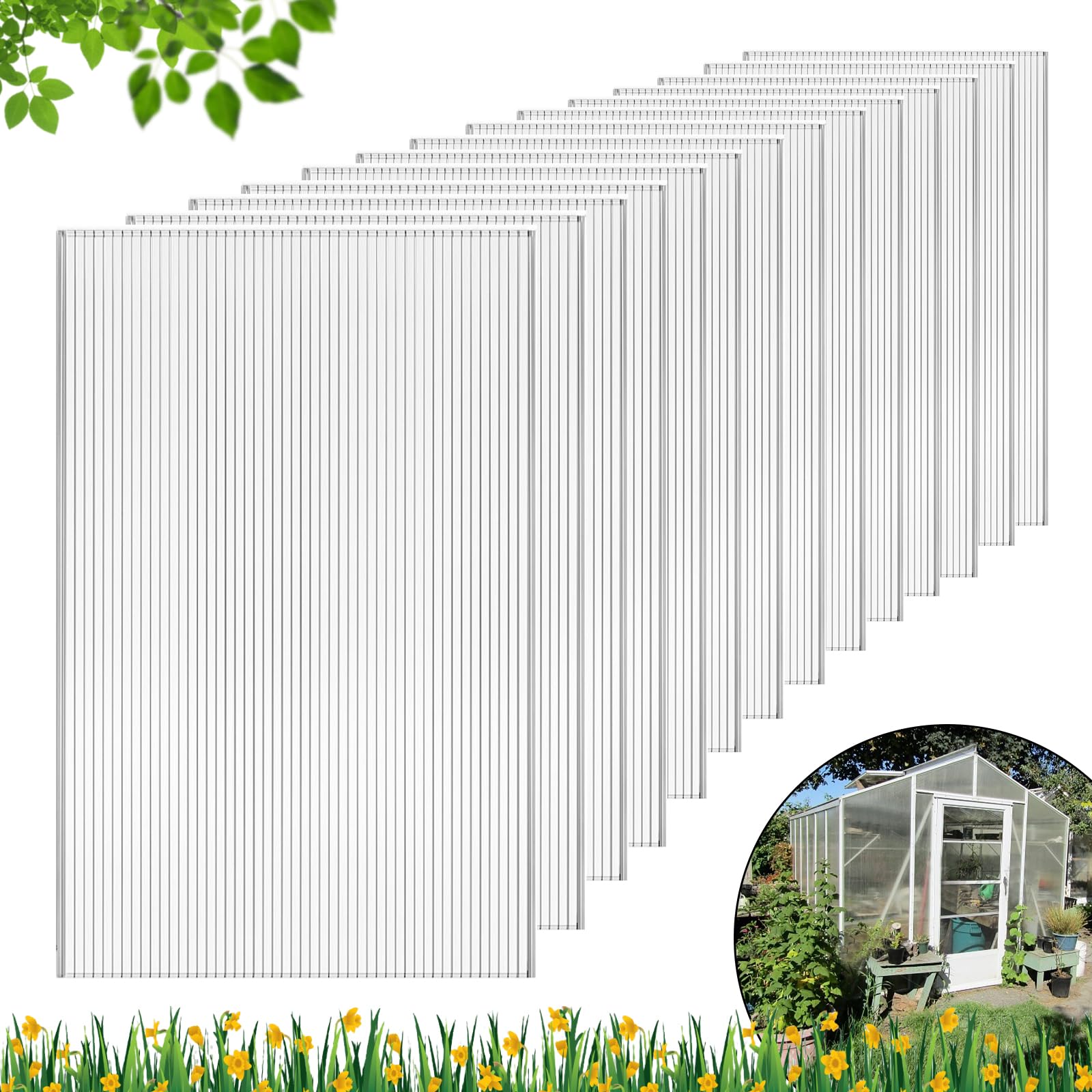 DGSL 14 Pcs 4' x 2' x 0.24'' Twin-Wall Polycarbonate Greenhouse Panels - Durable All-Weather Garden & Greenhouse Covering for Outdoor Plant Protection & DIY Projects
