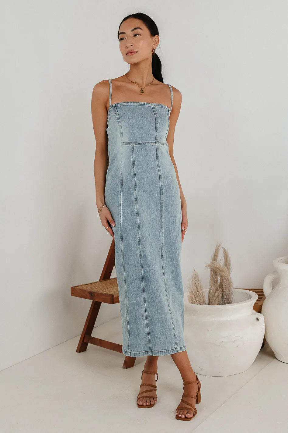 Maxine Denim Midi Dress for Women - Vintage Blue Denim Skater Dress with Flared Skirt | Perfect for Casual Outings, Date Nights & Summer Vacations