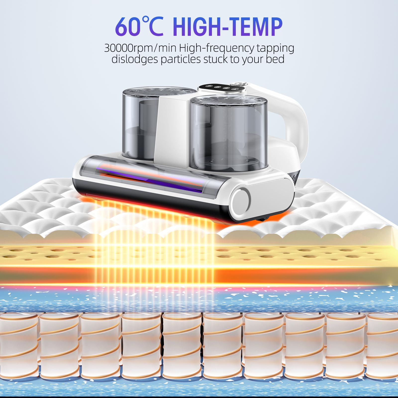 **Powerful 500W Bed Vacuum Cleaner with 16Kpa Suction, HEPA Filter, 253.7nm UV-C Light & 30000 RPM Brushroll - Heating & Ultrasonic Quintuple Tech for Deep Cleaning Mattresses, Carpets & Upholstery - Ideal for Allergy Relief & Pet Hair Removal**