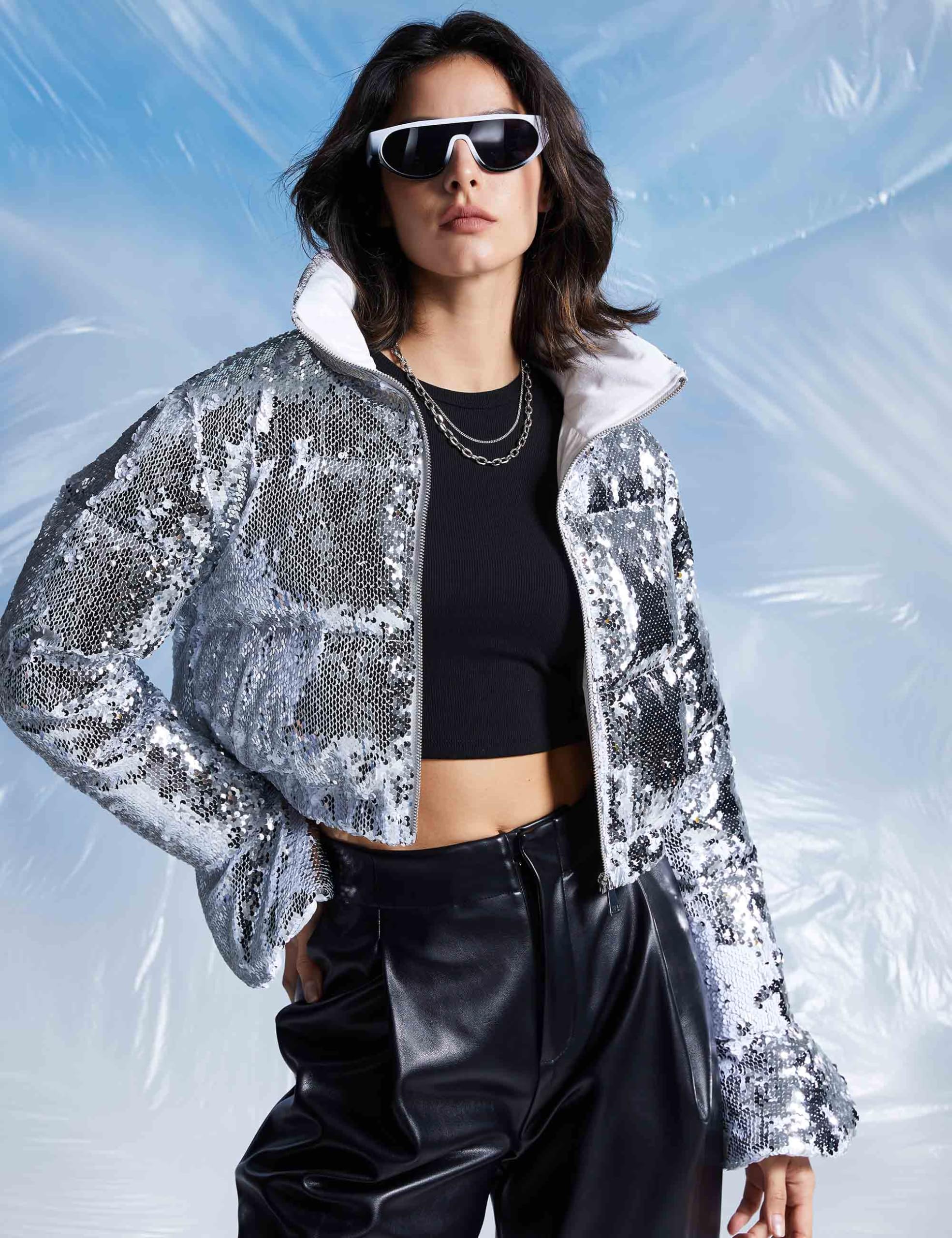 Orolay Women's Ultra Short Shiny Down Coat Sequin Petite Jacket with Stand Collar - Winter Fashion Outerwear for Parties & Night Out