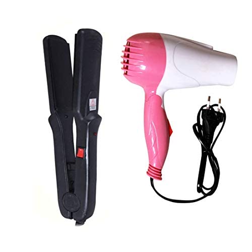 Nirvani NV-1290 1000W Foldable Hair Dryer with 2 Speed Settings & NHC-522 Ceramic Hair Straightener Combo - Pink | Perfect for Travel, Home Use & Salon Styling