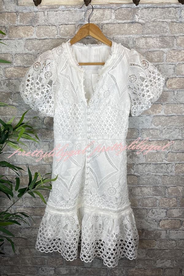 Sweet Valor Crochet Lace Puff Sleeve Button Up Mini Dress - Elegant Floral Summer Dress for Women, Perfect for Dates, Parties & Beach Vacations