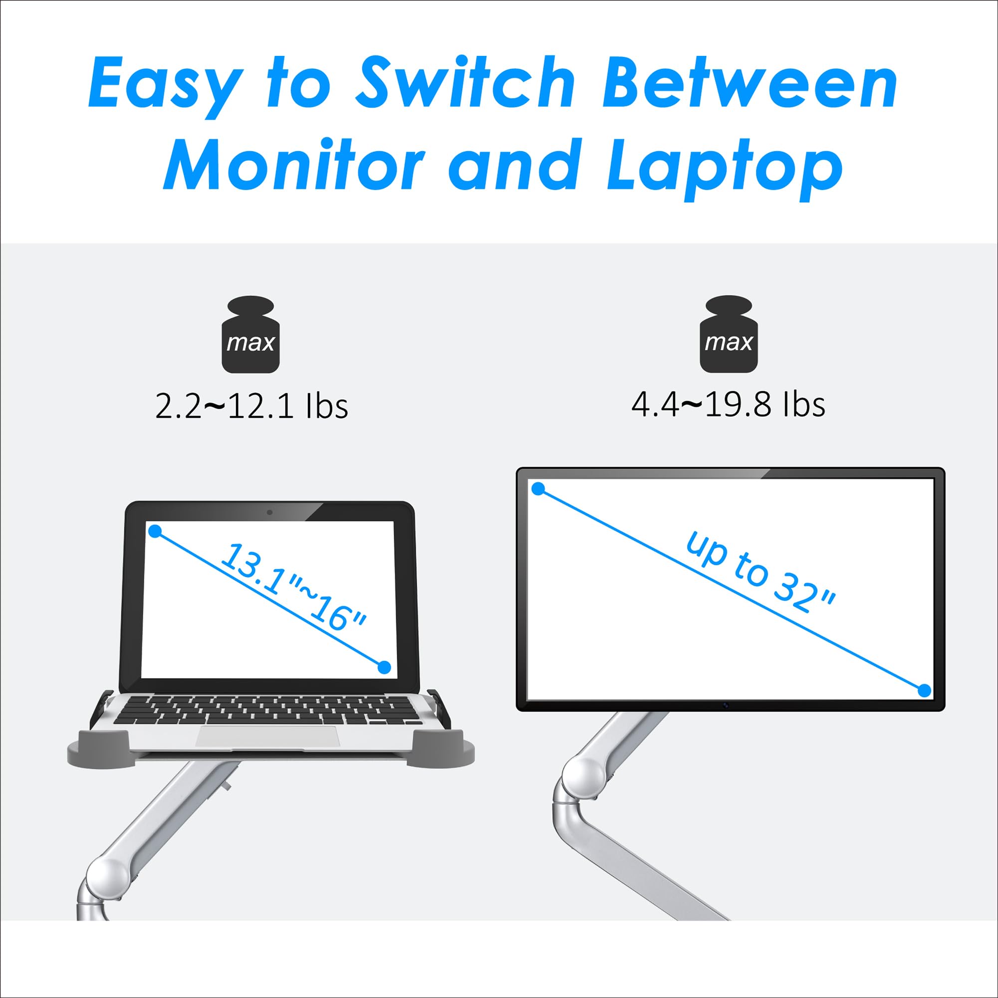 2 in 1 Adjustable Laptop Tray & Monitor Mount Stand - Ergonomic Aluminum Desk Arm for 13.1-16